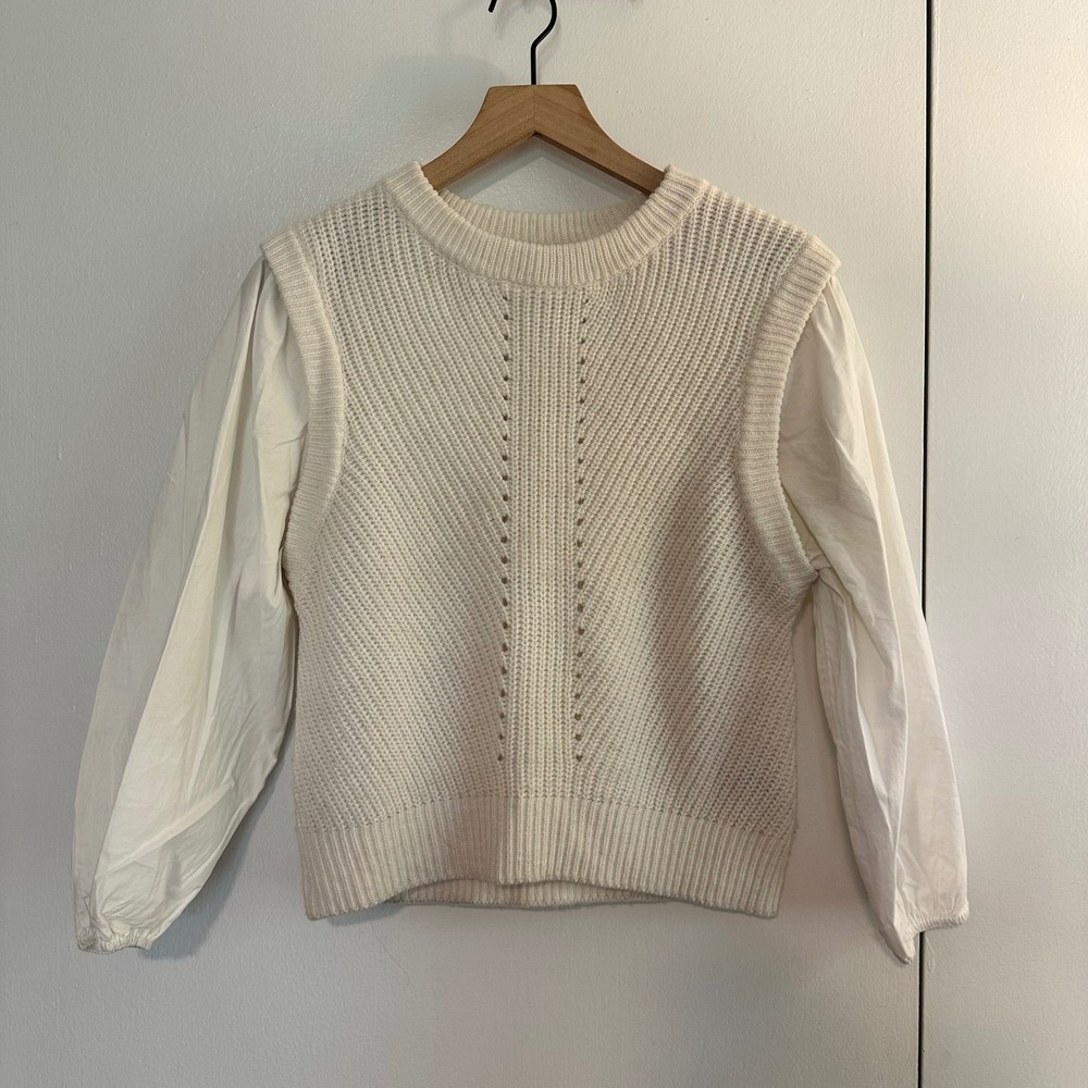 Sanctuary | Women's Cream Knit Poplin Puff Long Sleeve Sweater, Size XS